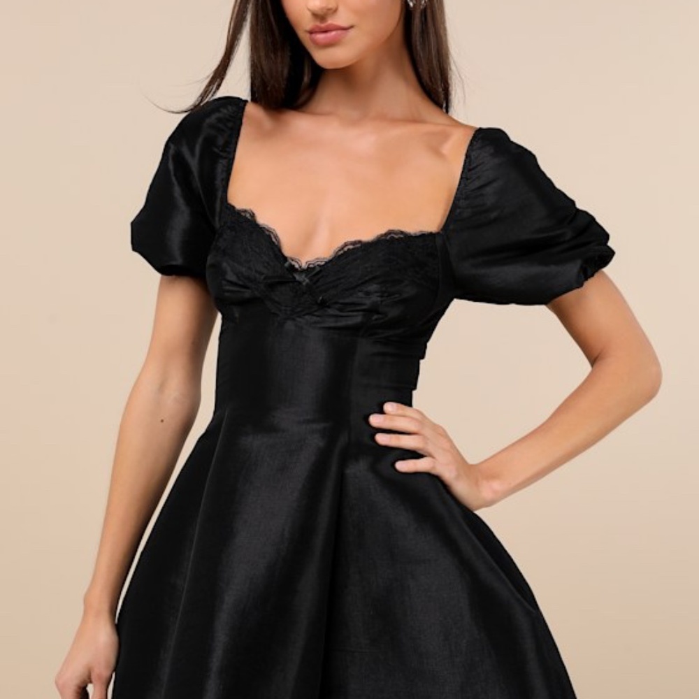 NWTLulus Enchanting Presence Black Taffeta Lace Puff Sleeve Mini Dress - XS